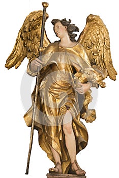 Golden Angel, baroque wooden angel painted with gold in St. Peter's Church, Munich