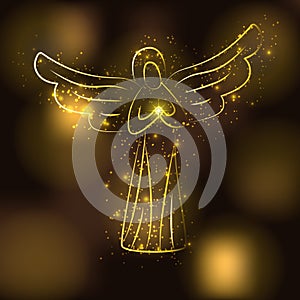 Golden angel silhouette on brown glowing gold background. Angel with shining sun or star in his hands