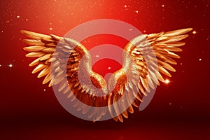 Golden angel wings on bright red background, with sparkles