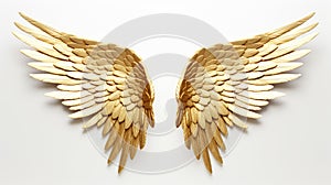 Golden angel wings on white background, AI Generative.