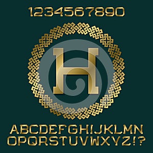 Golden angular letters and numbers with initial monogram in decorative round frame