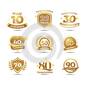 Golden Anniversary happy holiday festive celebration emblems set with ribbons isolated vector illustration. White background.