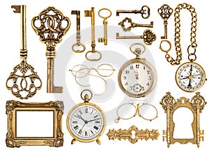 Golden antique accessories. baroque frame, vintage keys, clock