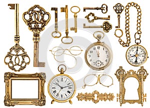 Golden antique accessories. baroque frame, vintage keys, clock photo