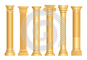 Golden antique column. Classic roman pillars architectural art sculpture pedestal vector realistic