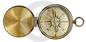 Golden antique pocket compass with lid isolated