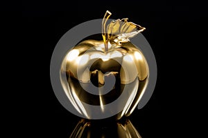 Golden apple made of gold, on black background. Suitable for concepts of wealth, luxury, and temptation in art and