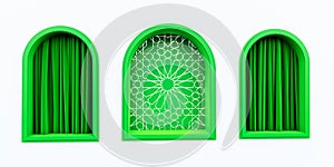 Golden arabic ornament on the wal wall with islamic green islamic windows. islamic vip concept, ramadan, eid mubarak,