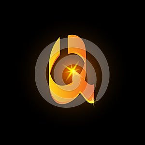 Golden arabic style letter q. Shiny latin alphabet element icon on black background. Oriental calligraphy design. Fiery