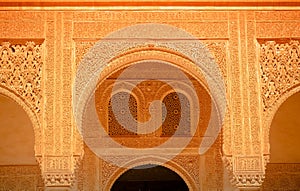 Golden arches and windows. Islamic art. Alhambra