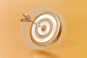 Golden arrow aim to dartboard target or goal of success on business background with complete achievement concept. 3D rendering