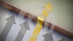 Golden arrow overcoming the obstacle wall. 3D illustration