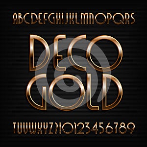 Golden art deco alphabet font. Gold effect letters, numbers and symbols.
