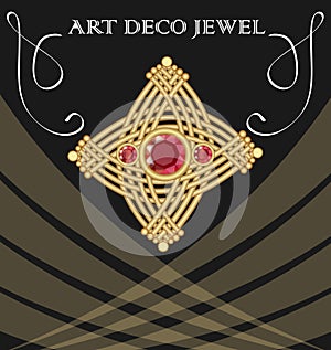 Golden art deco brooch with three red ruby gems, single jewel on black background