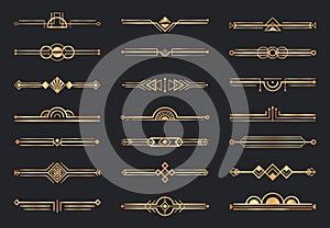 Golden art deco dividers. Decorative geometric border, retro gold dividers and luxury 1920s decoration elements vector