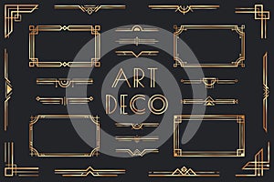 Golden art deco elements. Ornamental frame, retro 1920s divider border and decorative gold corner vector set