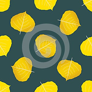 Golden aspen leaf seamless vector pattern background. Beautiful hand drawn leaves in fall colors on sea green backdrop