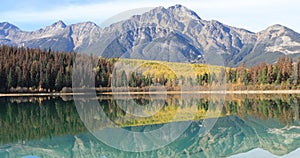 Golden aspens reflected in the rocky mountains 4K