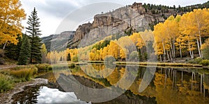 Golden Aspens and reflections in pond photo