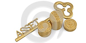 Golden asset key and gold coin stacks isolated on white background. 3D illustration