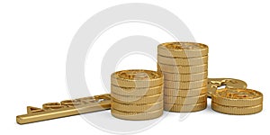 Golden asset key and gold coin stacks isolated on white background. 3D illustration