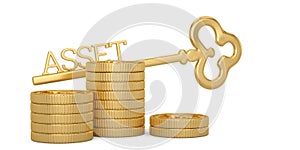 Golden asset key and gold coin stacks isolated on white background. 3D illustration