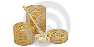 Golden asset key and gold coin stacks isolated on white background. 3D illustration