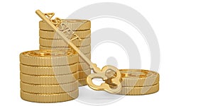 Golden asset key and gold coin stacks isolated on white background. 3D illustration