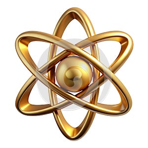 Golden atom model 3d rendering isolated on transparent background