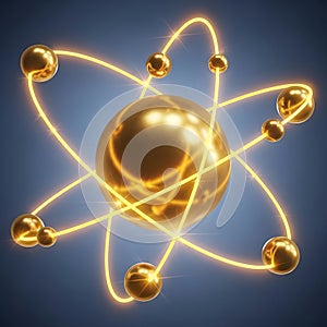 Golden atom model with glowing electron orbits