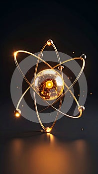 Golden Atom Model Visualization with Orbiting Electrons on Dark Background