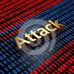 Golden attack text over abstract binary code background