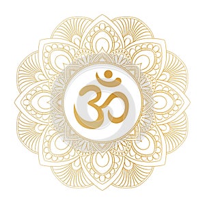 Golden Aum Om Ohm symbol in decorative round mandala ornament.