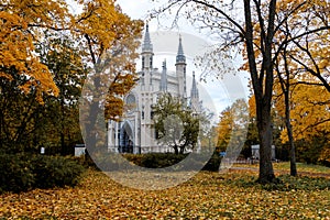 Golden autumn in the Alexandria park. Peterhof, Leningrad region. View of the gothic cappella photo