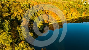 Golden autumn background, aerial drone view of forest with yellow trees and beautiful lake landscape from above, Kiev, Ukraine