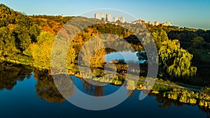 Golden autumn background, aerial drone view of forest with yellow trees and beautiful lake landscape from above, Kiev, Ukraine