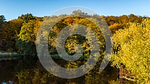 Golden autumn background, aerial view of forest with yellow trees and beautiful lake landscape from above, Kiev, Goloseevo forest