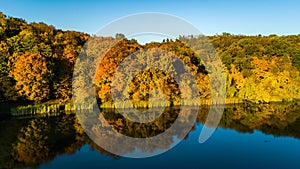 Golden autumn background, aerial view of forest with yellow trees and beautiful lake landscape from above, Kiev, Goloseevo forest