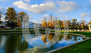 Golden autumn on the lake in sunny day