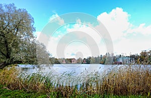 Golden autumn on the lake in sunny day