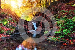 Golden autumn landscape, mountain creek with small waterfall in the forest