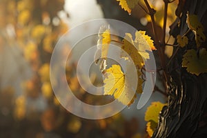 Golden autumn leaves glistening with morning dew