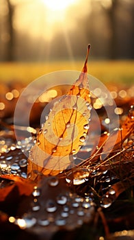 Golden autumn leaves on grass, bathed in the soft morning sunlight