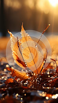 Golden autumn leaves on grass, bathed in the soft morning sunlight