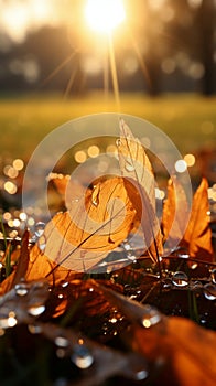 Golden autumn leaves on grass, bathed in the soft morning sunlight