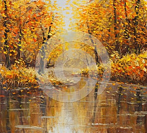Zlatý jeseň v rieka. olej maľovanie. umenie 