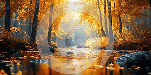 Golden Autumn Serene River in a SunDrenched Forest