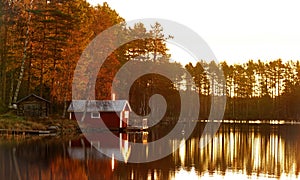 Golden autumn sunrise at lake Ã–je in Dalarna in Sweden