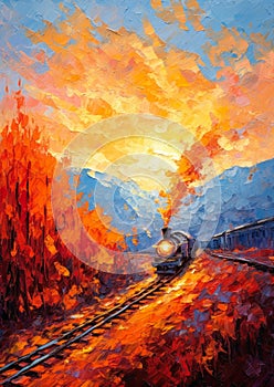 Golden Autumn Train Traveling Down Tracks at Sunset