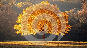 Golden autumn tree with vibrant leaves in a scenic outdoor setting photo